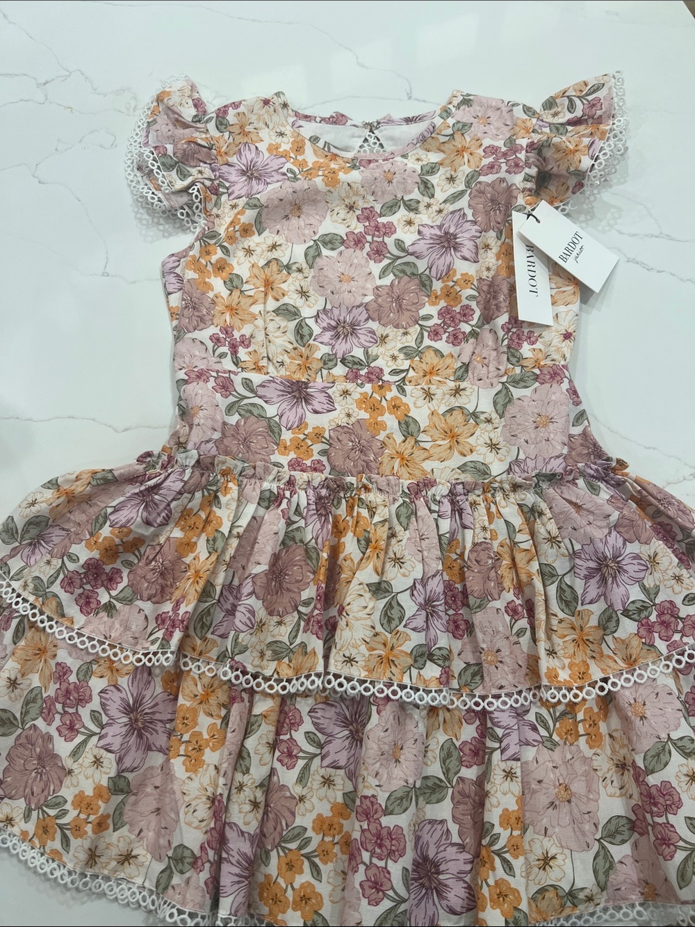 Bardot Junior Girls Floral Tiered Dress with Lace Trim - Lavender & Mustard Sz10